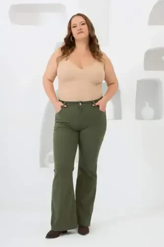 Flared Plus Size Cotton Pants Khaki - 4