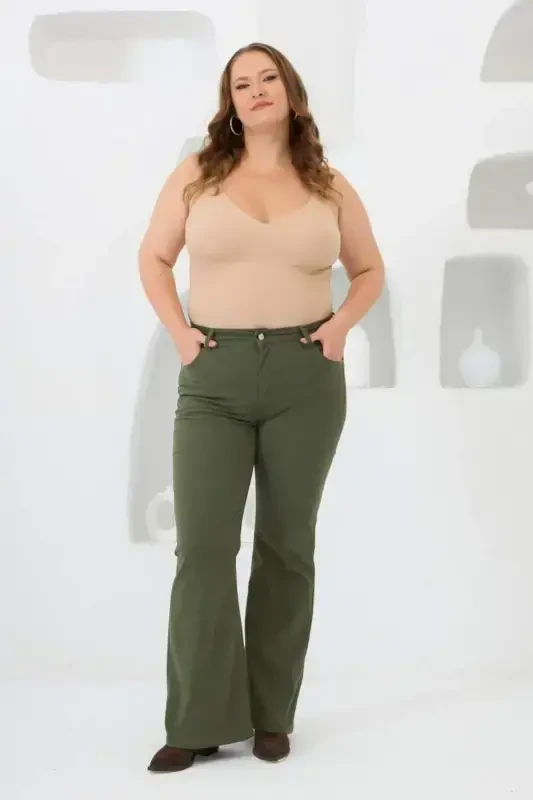 Flared Plus Size Cotton Pants Khaki - 4