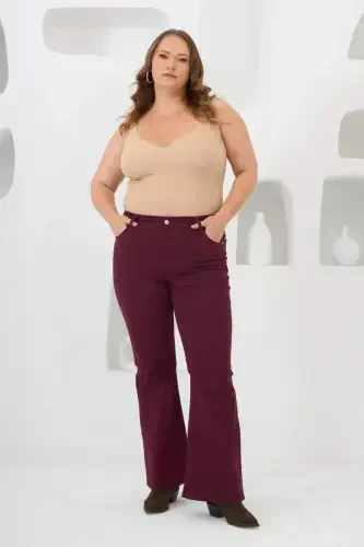 Flared Plus Size Cotton Trousers Burgundy - 4