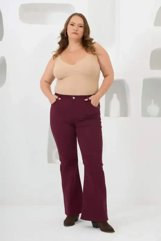 Flared Plus Size Cotton Trousers Burgundy - 4