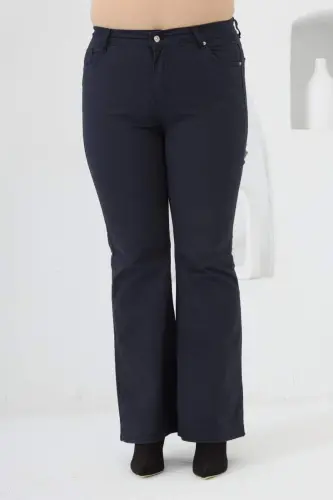 Flared Plus Size Navy Blue Cotton Pants - 1