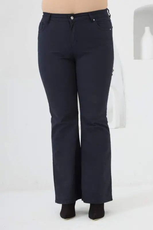 Flared Plus Size Navy Blue Cotton Pants - BÜYÜKBEDENIZ