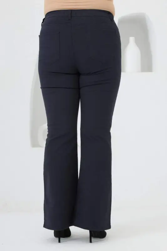 Flared Plus Size Navy Blue Cotton Pants - 5