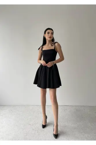Flared Strap Mini Atlas Dress-Black - 3