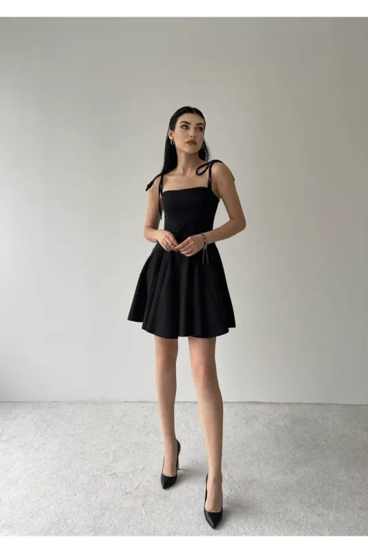 Flared Strap Mini Atlas Dress-Black - 3