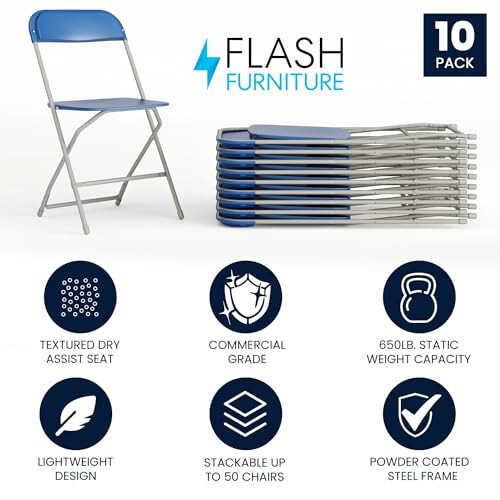 Flash Furniture Hercules Plastic Folding Chair - Blue (10 Pack) | Lightweight, Durable, and Comfortable Event Chair | 650LB Weight Capacity - 8