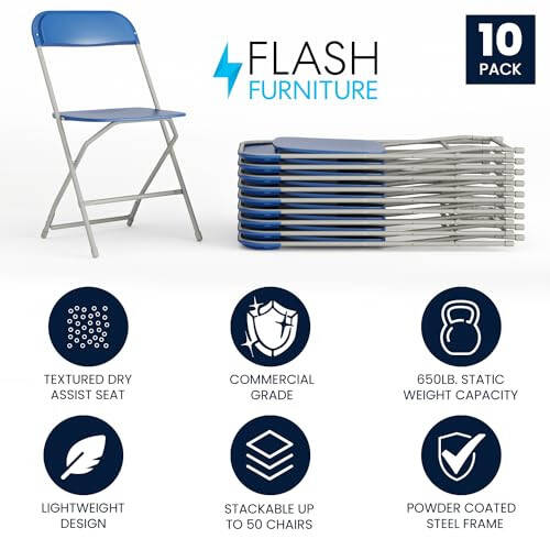 Flash Furniture Hercules Plastik Katlanır Sandalye - Mavi (10'lu Paket) | Hafif, Dayanıklı ve Rahat Etkinlik Sandalyeleri | 650LB Ağırlık Kapasitesi - 8