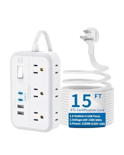 Flat Extension Cord 15 ft, NTONPOWER Power Strip with 6 Widely Outlets 4 USB Ports(2 USB C), Flat Plug, Wall Mounted, Side Outlet Extender for Indoor, Home Office, Dorm Room Essentials - 2