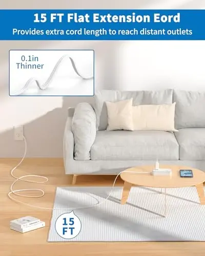 Flat Extension Cord 15 ft, NTONPOWER Power Strip with 6 Widely Outlets 4 USB Ports(2 USB C), Flat Plug, Wall Mounted, Side Outlet Extender for Indoor, Home Office, Dorm Room Essentials - 3