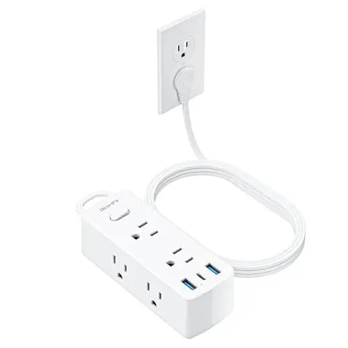 Flat Extension Cord 20ft, Olcorife Flat Plug Power Strip with 6 Outlets 3 USB Ports(1 USB C), 3-Side Outlet Extender Surge Protector for Home Office Dorm Room Essentials, White 