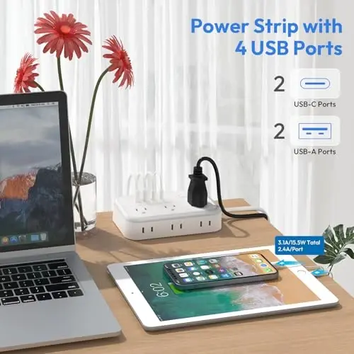 Flat Plug Extension Cord 25 ft, Surge Protector Power Strip, Outlet Extender with 6 Outlets 4 USB Ports, Overload Protection, Long Extension Cord with Multiple Outlets for Indoor, Home, Office, White - 4