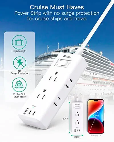 Flat Plug Extension Cord, 5 ft Ultra Thin Flat Power Strip - 6 Outlets 3 USB Ports (2 USB C) 3 Side Outlet Extender, Power Strip with No Surge Protection for Cruise, Travel, Dorm Essentials - 6