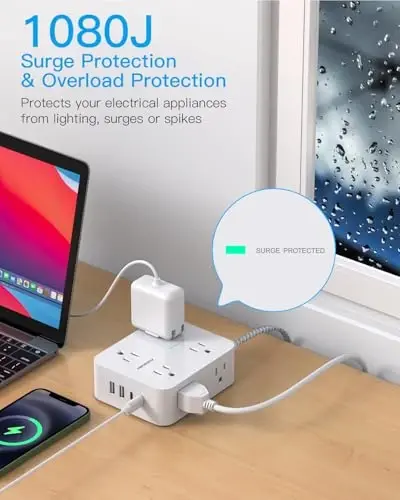 Flat Plug Extension Cord with Multiple Outlets, HANYCONY 1080J Surge Protector Power Strip with 8 AC Outlets 4 USB Ports (2 USB-C), 3-Sided Outlet Extender Ideal for Home Office Dorm Room Essentials - 3