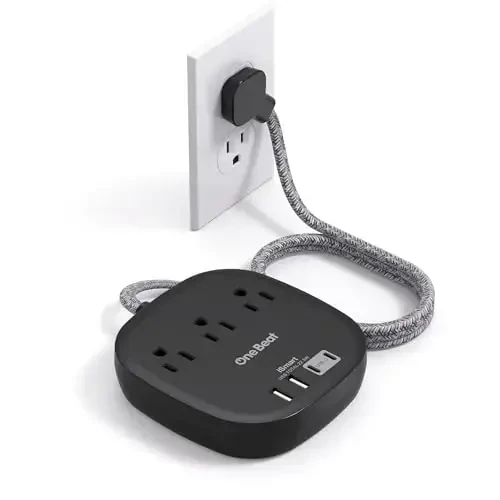 Flat Plug Power Strip, 5ft Flat Extension Cord - 3 Outlets 4 USB Ports (2 USB C) 22.5W/4.5A Desktop Charging Station, Power Strip No Surge Protection for Cruise Ship, Dorm Room Travel Essentials - BK - ONE BEAT