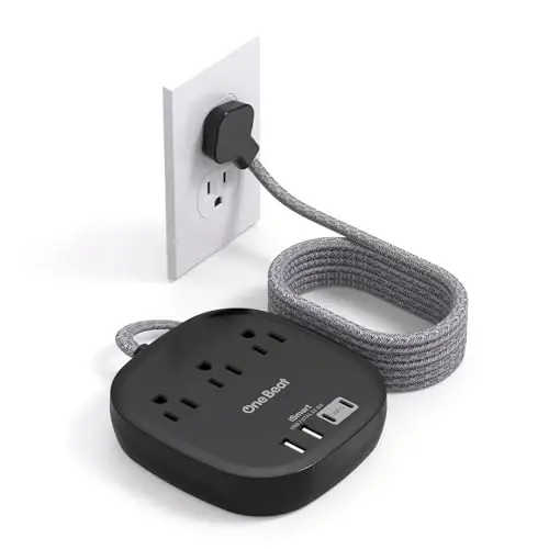 Flat Plug Power Strip, 5ft Ultra Flat Extension Cord - 3 Outlets 4 USB Ports (2 USB C) 22.5W/4.5A Desktop Charging Station, No Surge Protection for Cruise Ship, Dorm Room Travel Essentials 