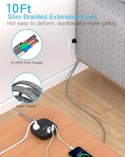 Flat Plug Power Strip, 5ft Ultra Flat Extension Cord - 3 Outlets 4 USB Ports (2 USB C) 22.5W/4.5A Desktop Charging Station, No Surge Protection for Cruise Ship, Dorm Room Travel Essentials - ONE BEAT (1)