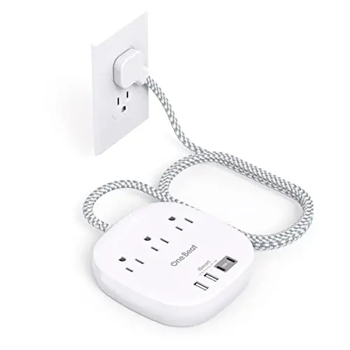 Flat Plug Power Strip, 5ft Ultra Flat Extension Cord - 3 Outlets 4 USB Ports (2 USB C) 22.5W/4.5A Desktop Charging Station, No Surge Protection for Cruise Ship, Dorm Room Travel Essentials - ONE BEAT