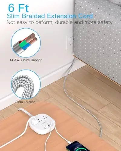 Flat Plug Power Strip, 6ft Flat Extension Cord - 3 Outlets 4 USB Ports (2 USB C) 22.5W/4.5A Desktop Charging Station, Power Strip with Surge Protection for College Dorm Room Travel Essentials - 2