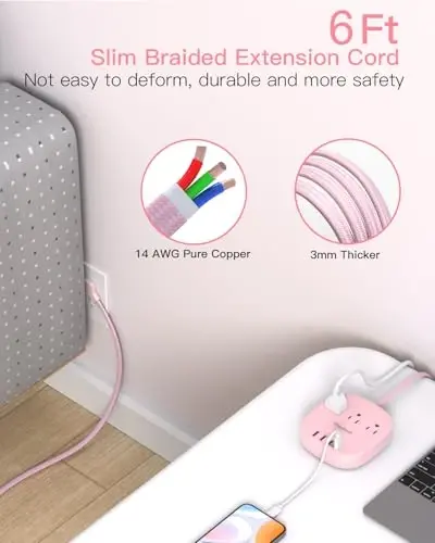 Flat Plug Power Strip, 6ft Pink Flat Extension Cord - 3 Outlets 4 USB Ports (2 USB C) 22.5W/4.5A Desktop Charging Station, Power Strip No Surge Protection for Cruise Ship, Dorm Room Travel Essentials - 2