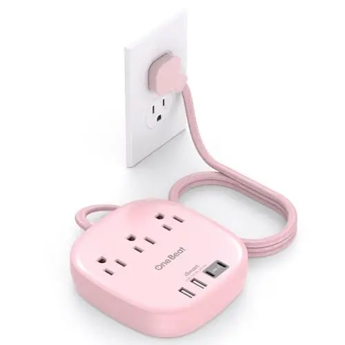Flat Plug Power Strip, 6ft Pink Flat Extension Cord - 3 Outlets 4 USB Ports (2 USB C) 22.5W/4.5A Desktop Charging Station, Power Strip No Surge Protection for Cruise Ship, Dorm Room Travel Essentials - 3