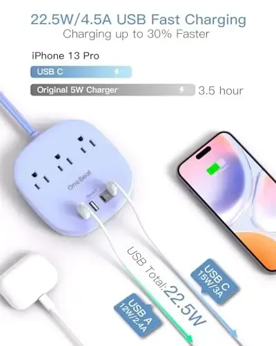 Flat Plug Power Strip, 6ft Purple Flat Extension Cord -3 Outlets 4 USB Ports (2 USBC) 22.5W/4.5A Desktop Charging Station, Power Strip No Surge Protection for Cruise Ship Dorm Room Travel Essentials - 4