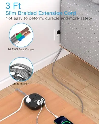 Flat Plug Power Strip, Flat Extension Cord 3 Ft, 3 Outlets 4 USB Ports (2 USBC) 22.5W/4.5A Desktop Charging Station, Power Strip No Surge Protection for Cruise Ship, Dorm Room Travel Essentials, Black - 3