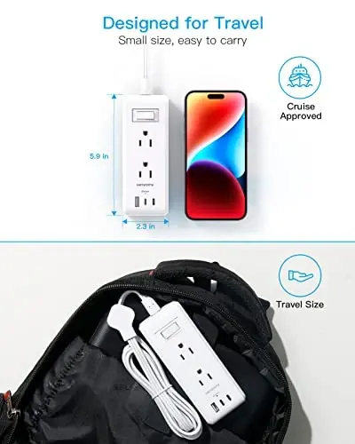 Flat Plug Power Strip, Ultra Thin Extension Cord, 6 Outlets 3 USB Ports(2 USB C), 5ft Multiple Outlet Extender with Wall Mount No Surge Protector for Dorm Room, Cruise, Travel Essentials - 1
