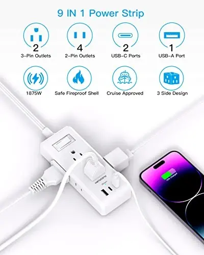 Flat Plug Power Strip, Ultra Thin Extension Cord, 6 Outlets 3 USB Ports(2 USB C), 5ft Multiple Outlet Extender with Wall Mount No Surge Protector for Dorm Room, Cruise, Travel Essentials - 3