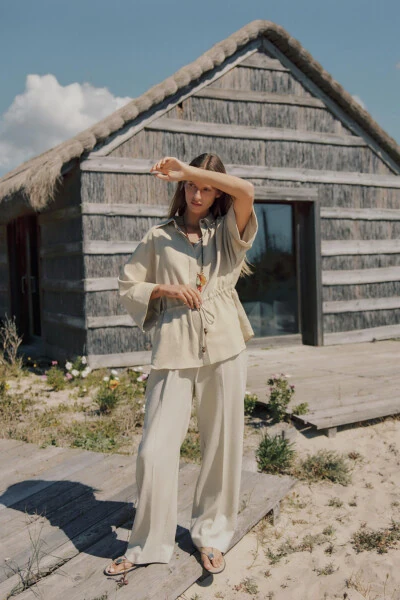 FLAX BLEND STRAIGHT LEG TROUSERS-Light beige - MODAZONE