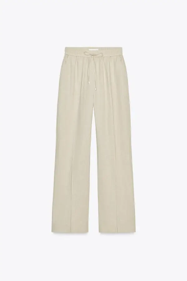 FLAX BLEND STRAIGHT LEG TROUSERS-Light beige - 2