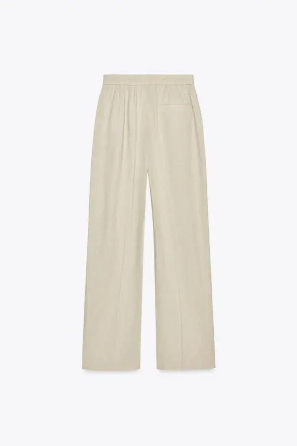 FLAX BLEND STRAIGHT LEG TROUSERS-Light beige - 3