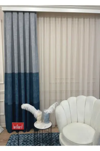 Flax Ground Knitted Detailed Pattern 1/2.50 Pleated Curtain-Navy Blue - 1