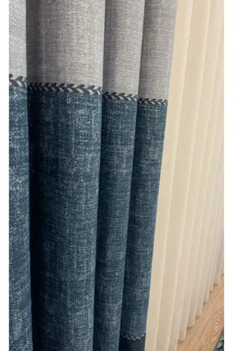 Flax Ground Knitted Detailed Pattern 1/2.50 Pleated Curtain-Navy Blue - BRILLANT (1)