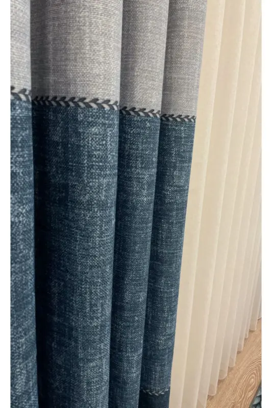 Flax Ground Knitted Detailed Pattern 1/2.50 Pleated Curtain-Navy Blue - 2