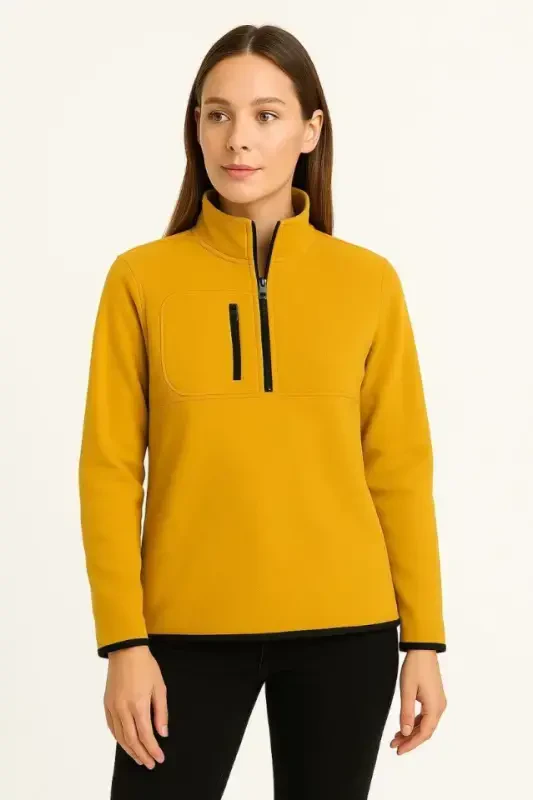 Fleece Sweatshirt - Stand-up Collar, Half Zipper, Zippered Chest Pocket, Black Trim, Winter Relaxed Regular Fit Daily Model - Yellow - BÜYÜKBEDENIZ