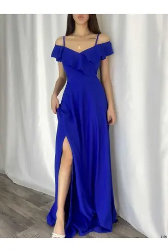 Flexible Blue Crepe Fabric Slit Detail Bust Detailed Long Evening Dress and Graduation Dress 582190 699-BLUE 699 - 3