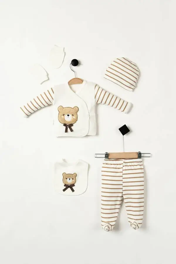 Flexible (BOXED) Bear Embroidered Soft 100% Cotton Newborn Clothes 5-piece Hospital Discharge Onesie - 1