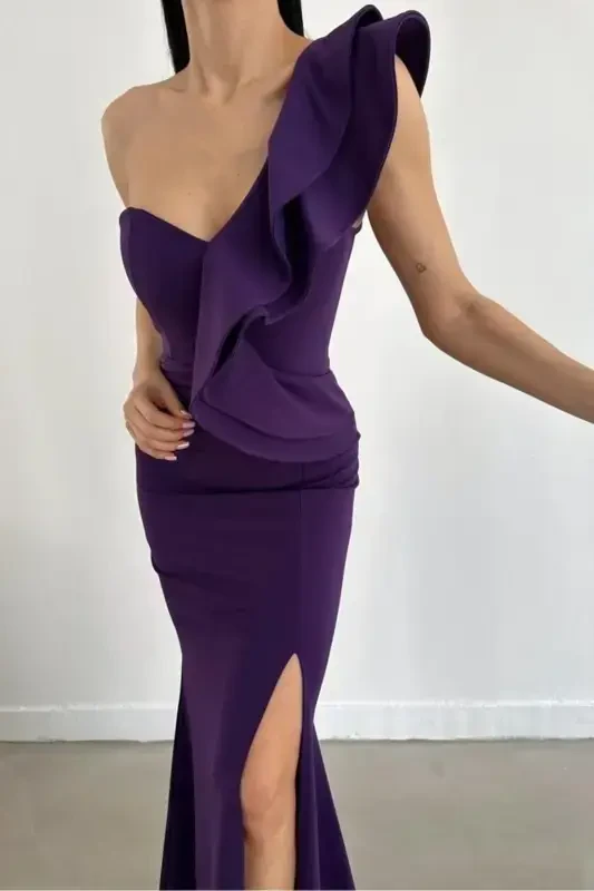 Flexible Crepe Fabric One Shoulder Detailed Purple Maxi Prom Dress 024-MOR - 2