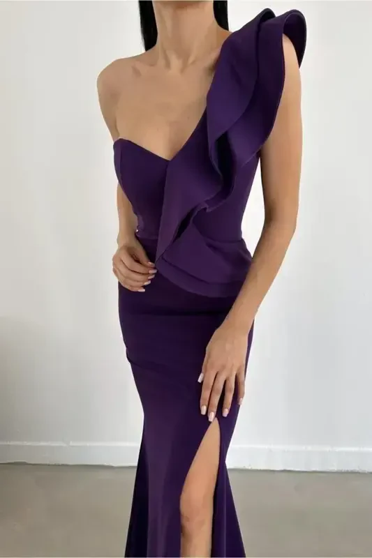 Flexible Crepe Fabric One Shoulder Detailed Purple Maxi Prom Dress 024-MOR - 4