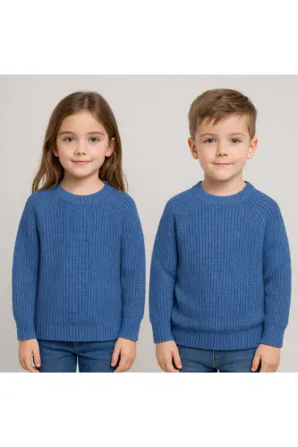Flexible Crew Neck Thessaloniki Knit Unisex Baby and Kids Sweater - Indigo 