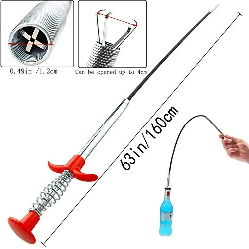 Flexible Drain Clog Remover Tool, Extra Long Plumbing Snake Hair Catcher with 4-Prong Grabber Claw, Heavy-Duty Spring Reacher for Kitchen Sink, Bathroom Tub, Sewer & Dropped Items (63 inch) - FLEXIBLE (1)