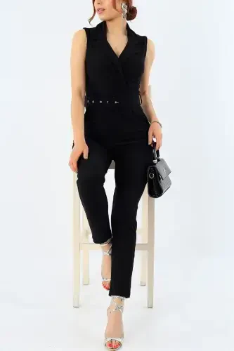 Flexible Fabric Jacket Collar Belt Gifted Slim Fit Black Evening Jumpsuit 32044-BLACK JUMPSUIT 32044 - 1
