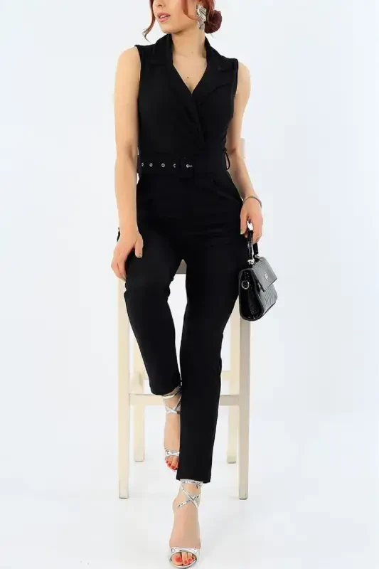Flexible Fabric Jacket Collar Belt Gifted Slim Fit Black Evening Jumpsuit 32044-BLACK JUMPSUIT 32044 - 1