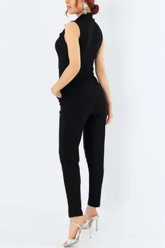 Flexible Fabric Jacket Collar Belt Gifted Slim Fit Black Evening Jumpsuit 32044-BLACK JUMPSUIT 32044 - LOVEBOX (1)