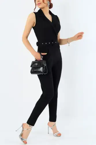 Flexible Fabric Jacket Collar Belt Gifted Slim Fit Black Evening Jumpsuit 32044-BLACK JUMPSUIT 32044 - 3