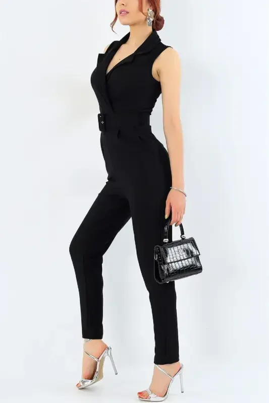 Flexible Fabric Jacket Collar Belt Gifted Slim Fit Black Evening Jumpsuit 32044-BLACK JUMPSUIT 32044 - 4
