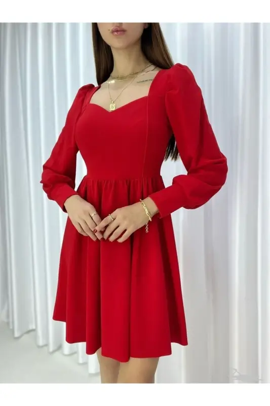 Flexible Fabric Low-Cut Skirt Bell-Bottom Long Sleeve Evening & Graduation Dress 582293 727-RED - 1