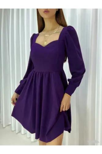 Flexible Fabric Low-Cut Skirt Bell Cut Long Sleeve Evening and Graduation Dress 582293 727-PURPLE 
