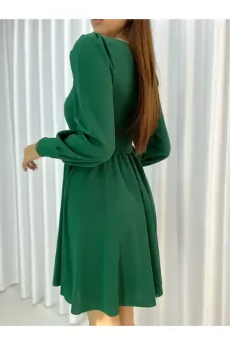 Flexible Fabric Low-Cut Skirt Flared Long Sleeve Evening and Graduation Dress 582293 727-GREEN - 4