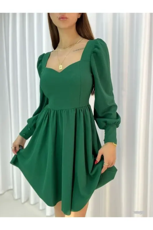 Flexible Fabric Low-Cut Skirt Flared Long Sleeve Evening and Graduation Dress 582293 727-GREEN - 3
